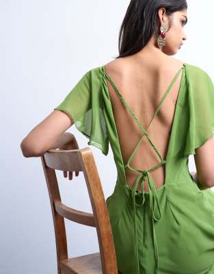 Topshop Flutter Sleeve Godet Hem Midi Dress In Green