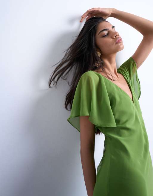 Topshop flutter sleeve godet hem midi dress in green