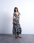 [Topshop] Topshop flutter sleeve godet hem midi dress in mono print-Multi 10 Mono print