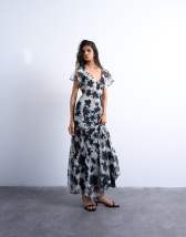 Topshop flutter sleeve godet hem midi dress in mono print