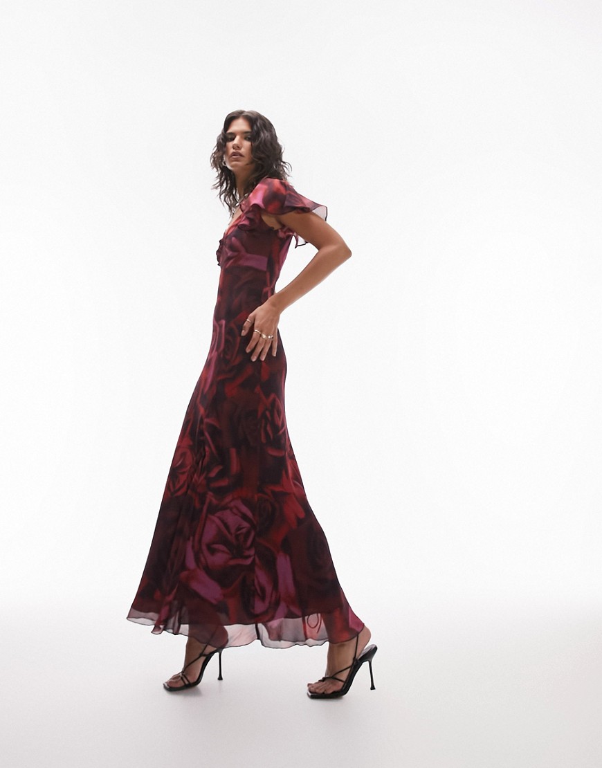 Topshop flutter sleeve maxi dress in rose swirl print-Multi