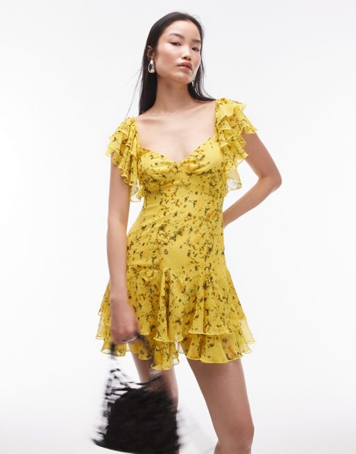 Topshop flutter sleeve mini tea dress in bright yellow print