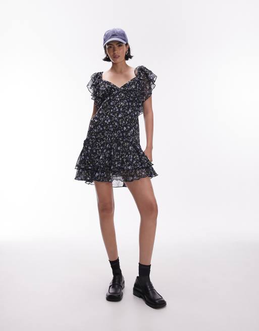 Topshop flutter sleeve mini tea dress in vintage blue floral print