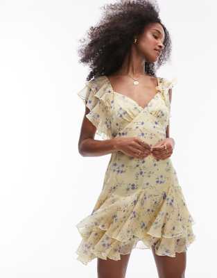 Topshop Flutter Sleeve Mini Tea Dress In Yellow Ditsy Floral Print-multi