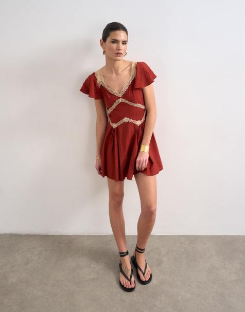Topshop flutter sleeve mini tea dress with lace inserts in rust - view 1