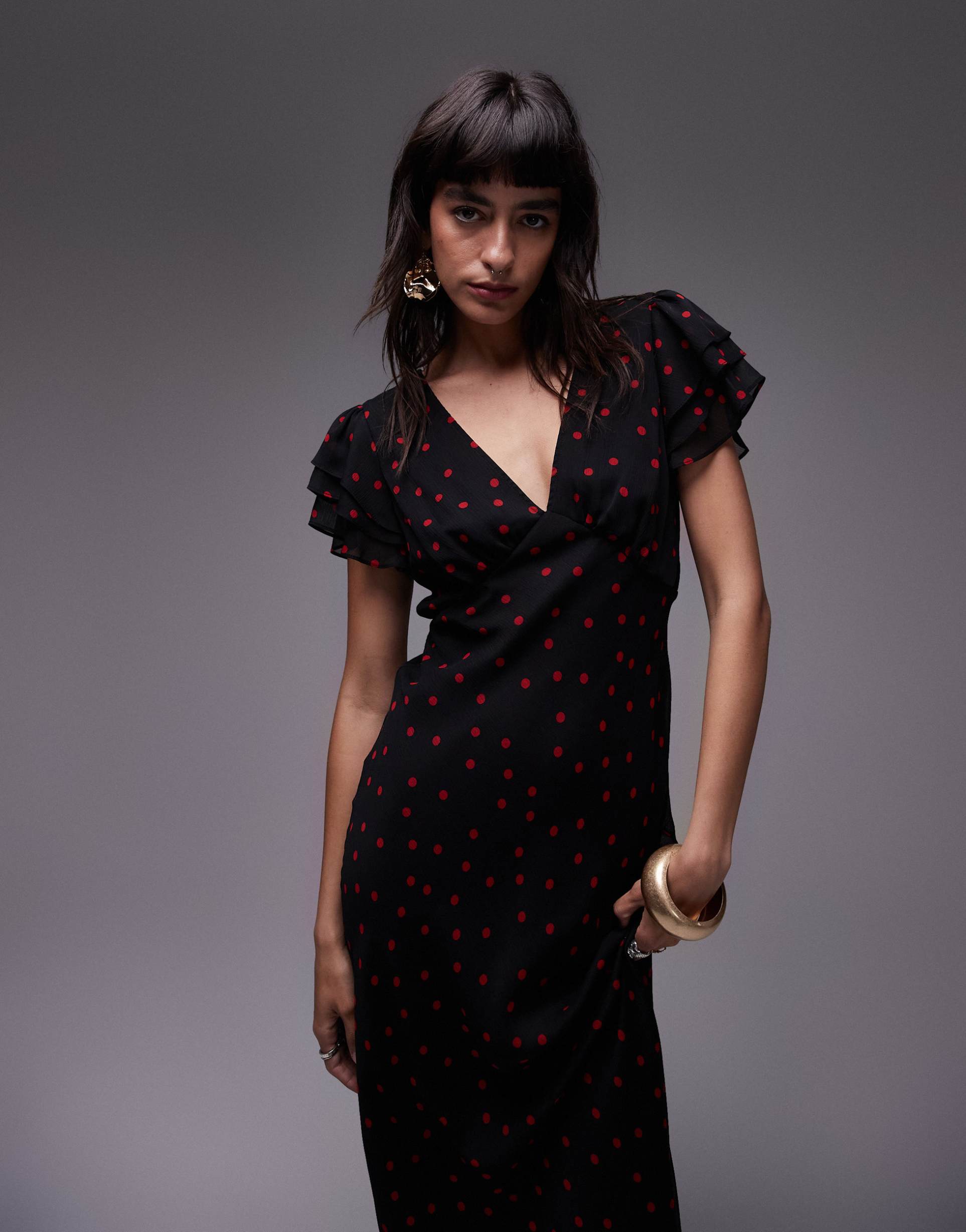 topshop flutter sleeve occasion dress in black and red spot