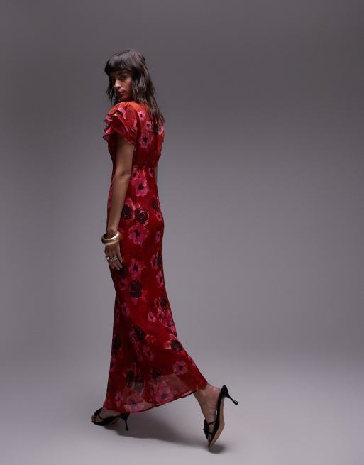 Topshop flutter sleeve occasion dress in pink blurred floral ASOS