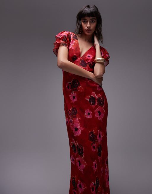 Topshop flutter sleeve occasion dress in pink blurred floral, 4 of 4