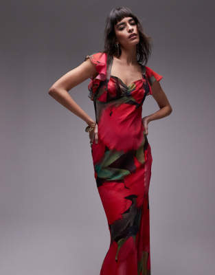 Topshop flutter sleeve occasion midi dress in pink print