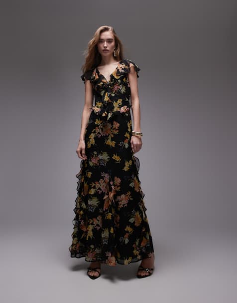 Topshop flutter sleeve ruffle occasion midi dress in black base floral - view 1