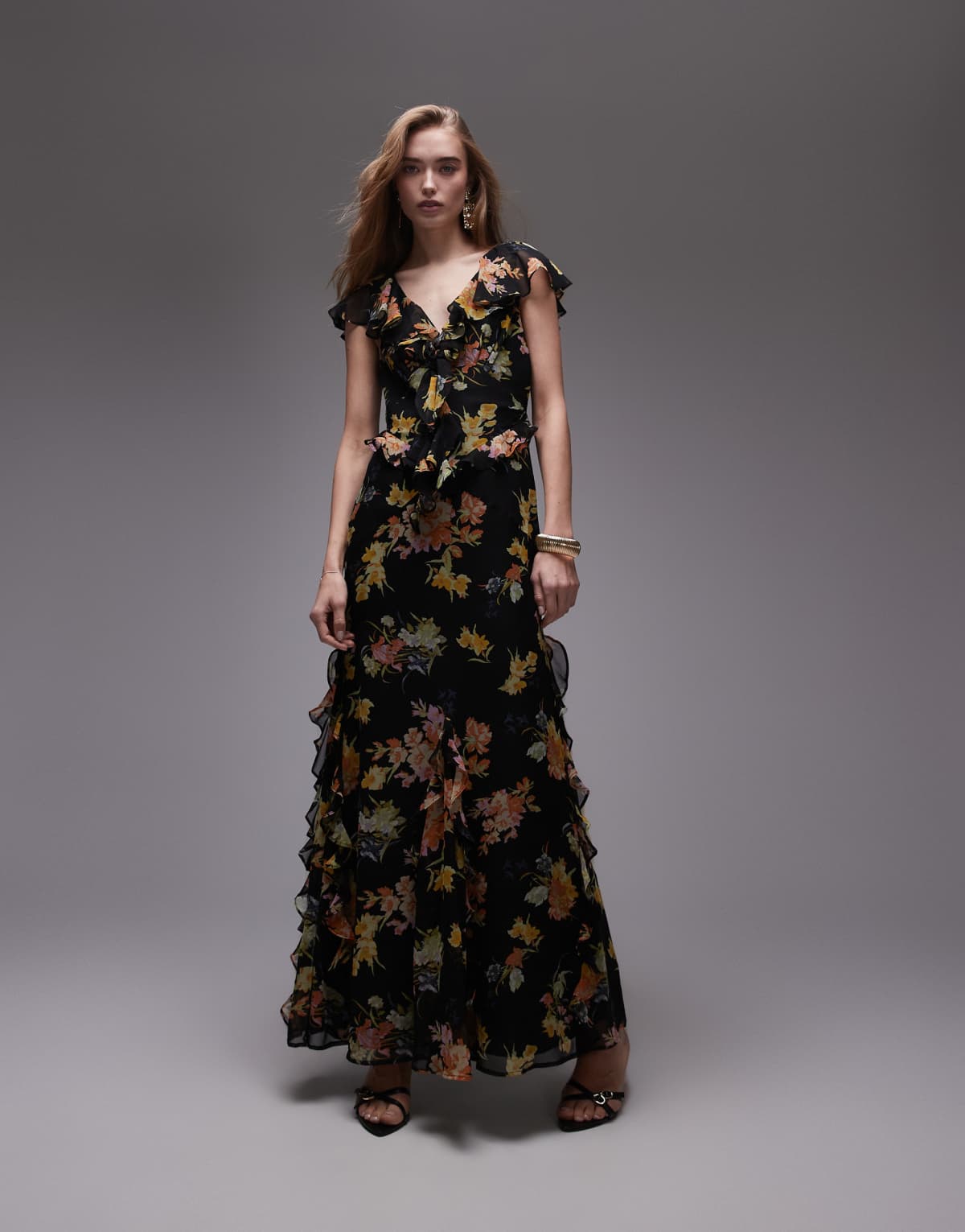 Topshop flutter sleeve ruffle occasion midi dress in black base floral