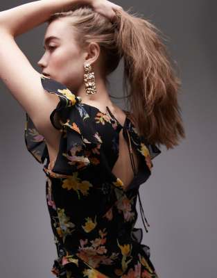 Topshop Flutter Sleeve Ruffle Occasion Midi Dress In Black