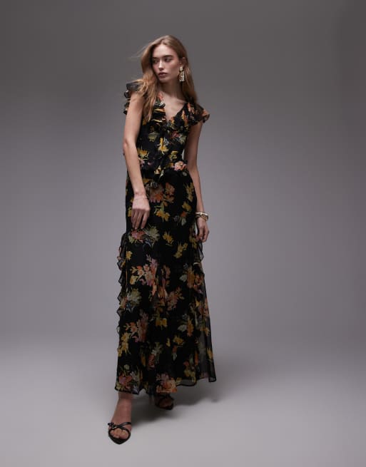 Topshop flutter sleeve ruffle occasion midi dress in black base floral, 4 of 4