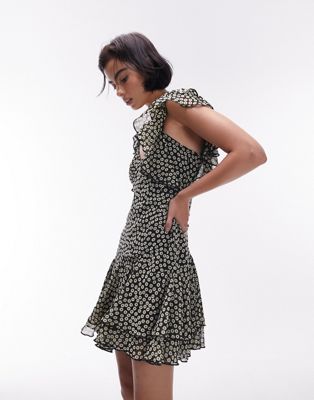 Topshop Flutter Sleeve Tea Dress In Mono Spot Print-multi