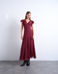 Flutter sleeve v neck midi dress in deep red