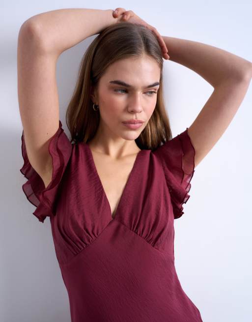 Topshop flutter sleeve v neck midi dress in deep red, 2 of 4