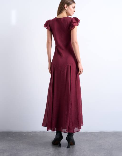 Topshop flutter sleeve v neck midi dress in deep red, 3 of 4