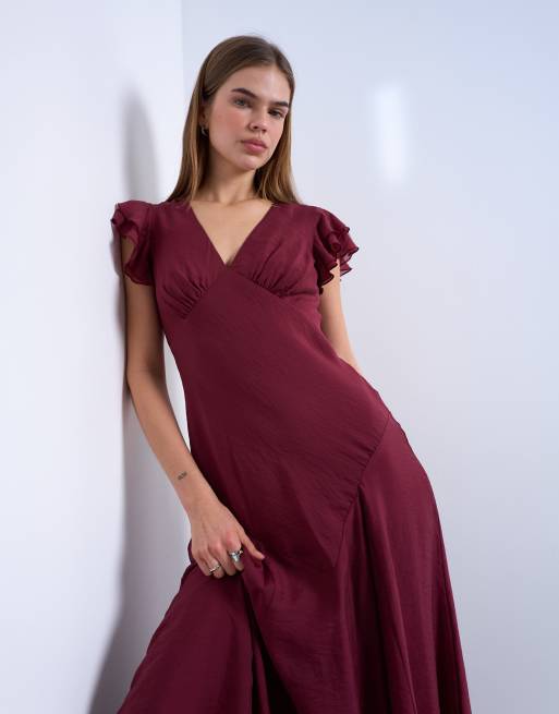 Topshop flutter sleeve v neck midi dress in deep red, 4 of 4
