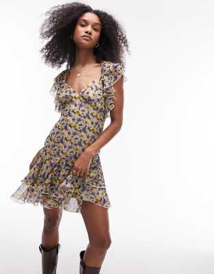 Topshop flutter sleeve vintage floral tea dress in multi - ASOS Price Checker