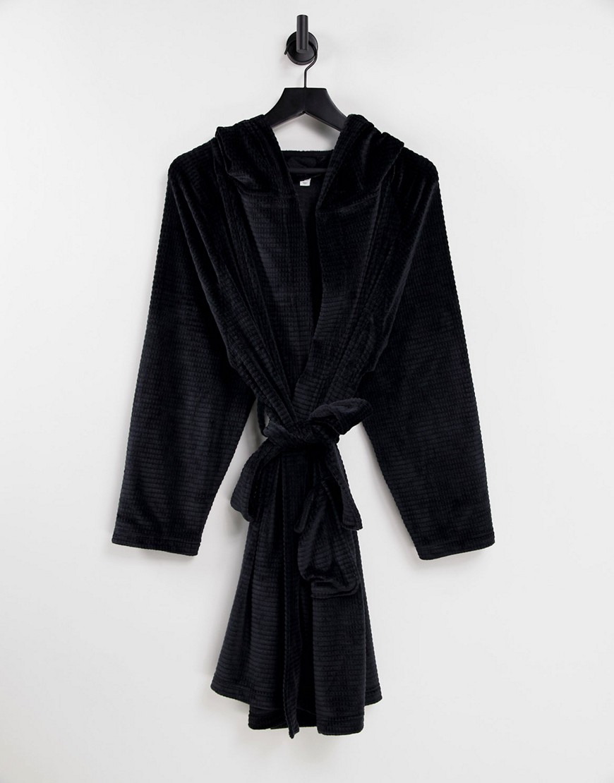 Topshop - Fluwelen badjas met wafelstructuur en capuchon-Zwart