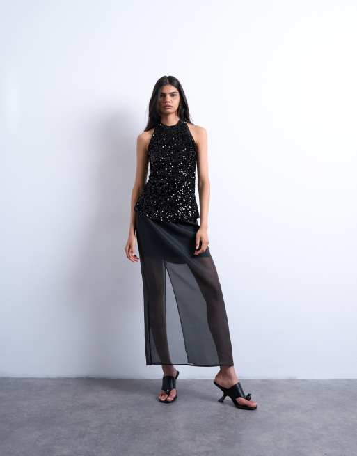 Topshop - Fluwelen haltertop met lovertjes in zwart, 2 van 4