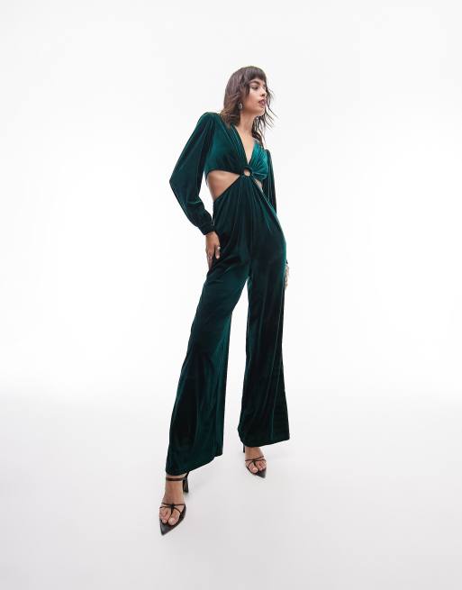 Topshop - Fluwelen jumpsuit met uitsnijding met ringdetail in flessengroen