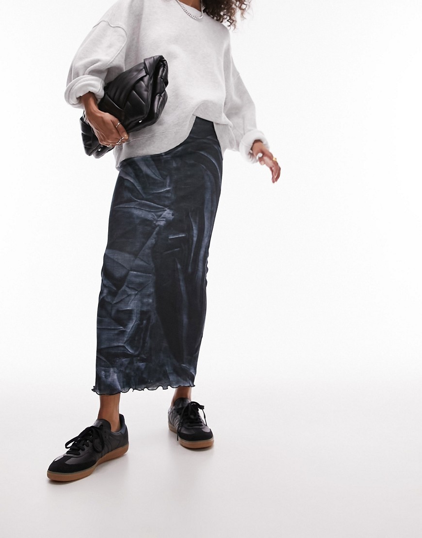 Topshop foam mesh printed midi skirt in navy-Blue
