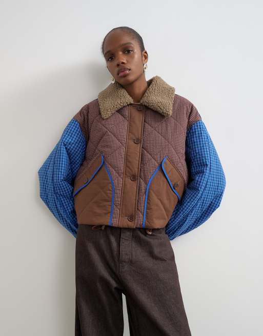 Topshop fodera trapuntata color block con colletto in pile borg blu, 1 di 4
