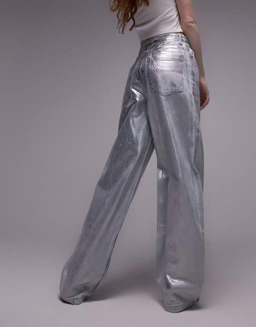 Topshop foil Baggy jeans in silver