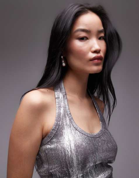 Topshop foil halter in gunmetal - view 1