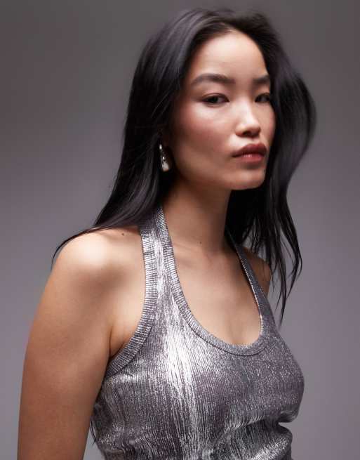 Topshop foil halter top in gun metal