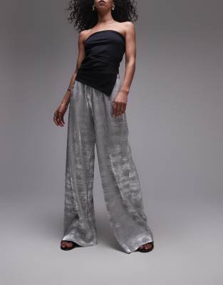 Topshop Foil Print Plisse Pants In Silver