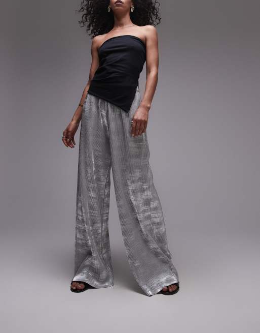 Topshop foil print plisse pants in silver
