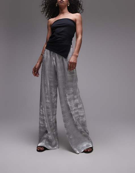 Topshop foil print plisse trouser in silver - view 1