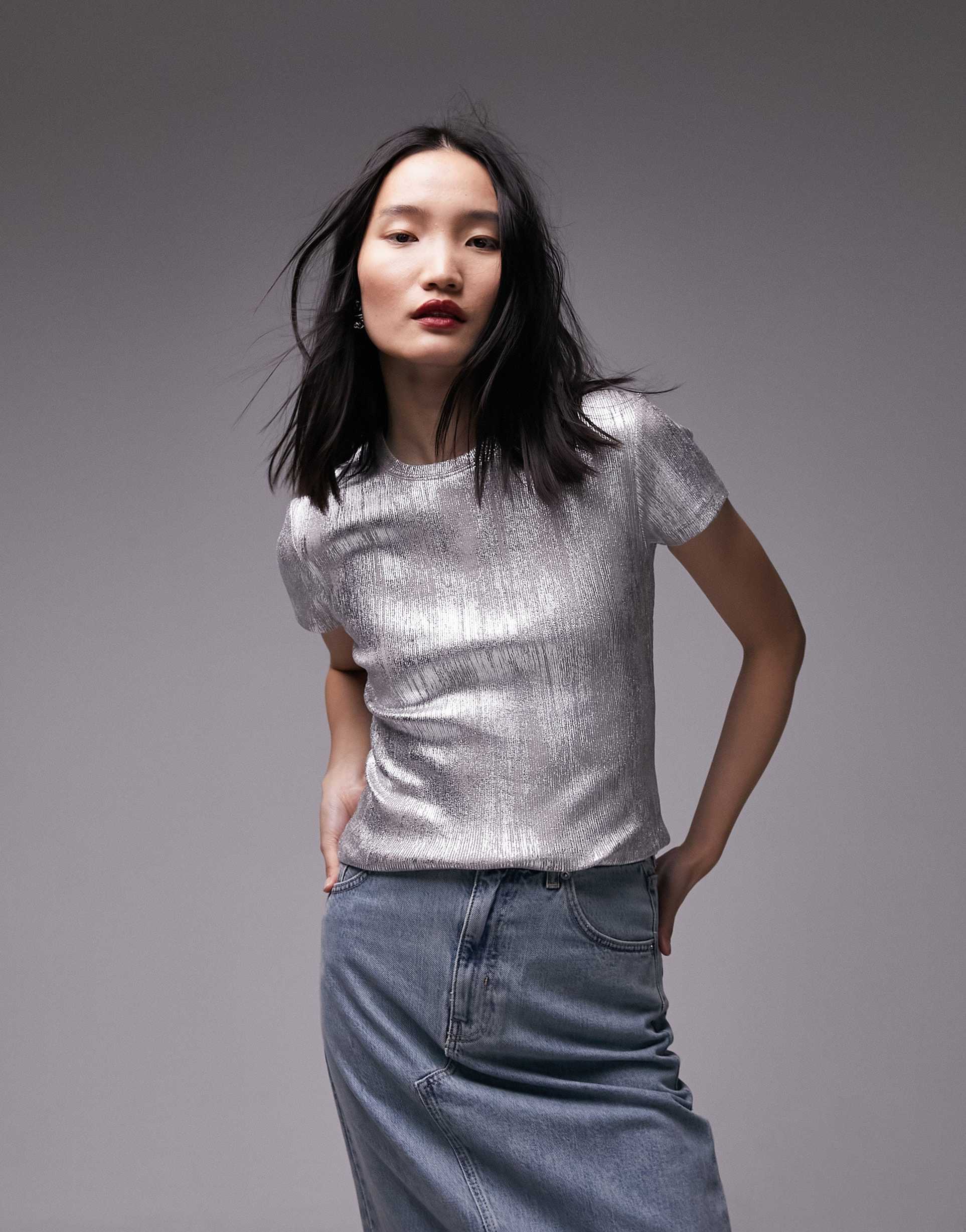 topshop foil print tee in silver
