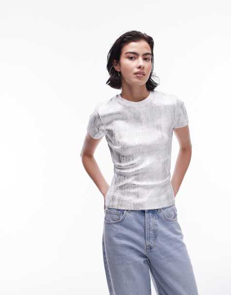 Topshop foil tee in silver - view 1