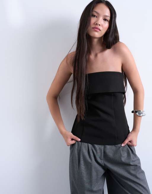 Topshop fold-over longline bandeau top in black, 2 of 4