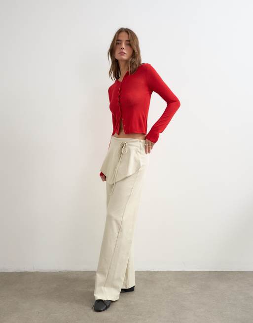 Topshop fold over tie detail wide leg pant in stone, 4 of 5