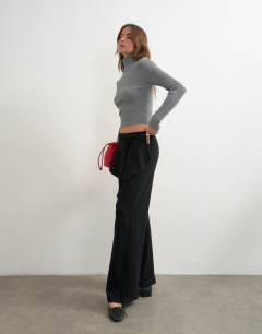 Fold over tie detail wide leg trouser in black