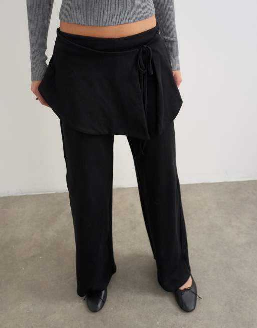 Topshop fold over tie detail wide leg trouser in black, 3 of 5