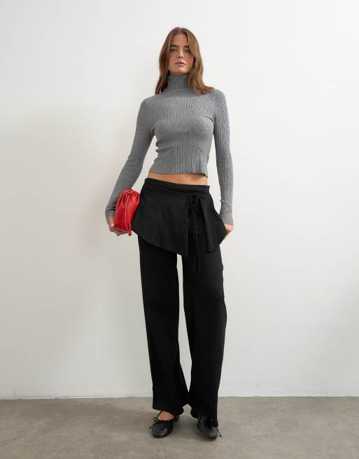 Topshop fold over tie detail wide leg trouser in black, 4 of 5