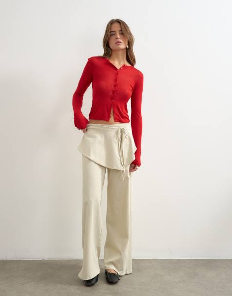 Topshop fold over tie detail wide leg trouser in stone - view 1