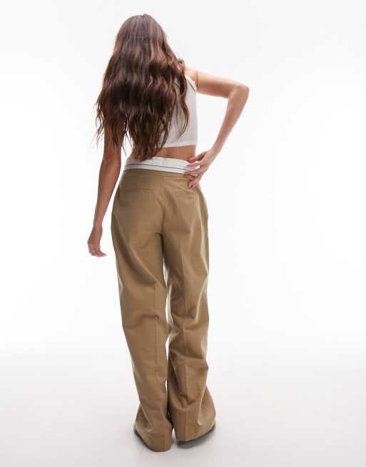 Beige Stevie fold-over waistband wide-leg trousers