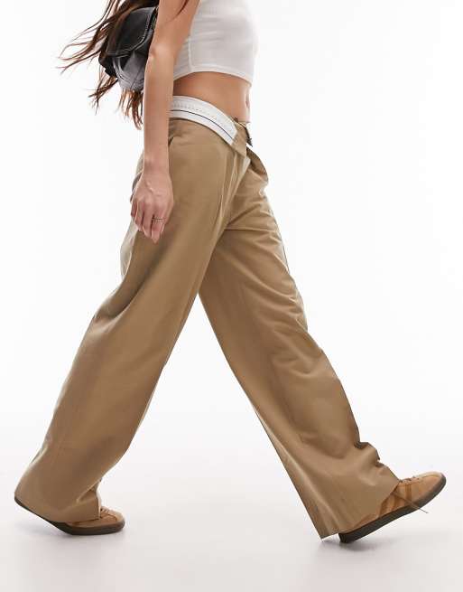 WIDE LEGS Relaxed Fit Pants, Fold Over Band Yoga Pants 