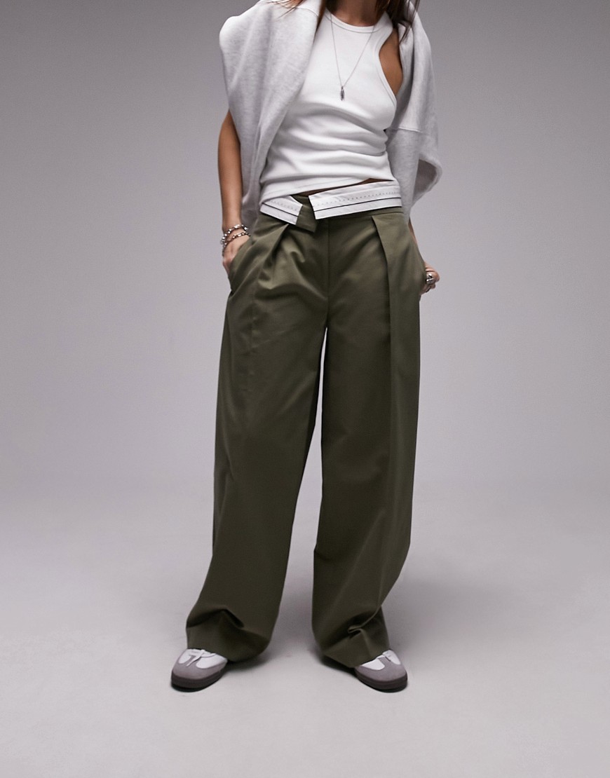Topshop fold over waistband detail pleated straight leg trouser in khaki-Green