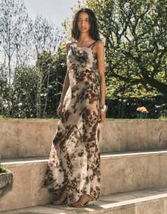 Folded bust organza maxi dress in abstract blur print