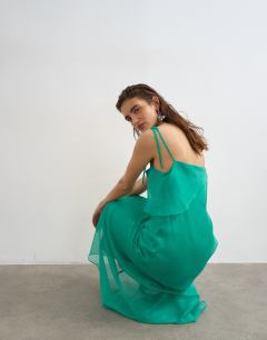 Model wearing Folded bust organza maxi dress in emerald