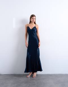 Model wearing Folded edge satin Cami slip maxi dress in navy