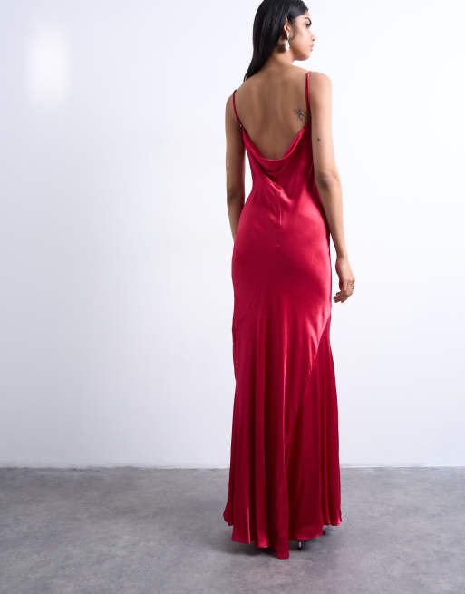 Topshop folded edge satin cami slip maxi dress in rose maroon, 4 of 4