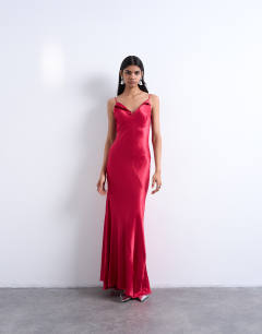 Folded edge satin Cami slip maxi in rose maroon